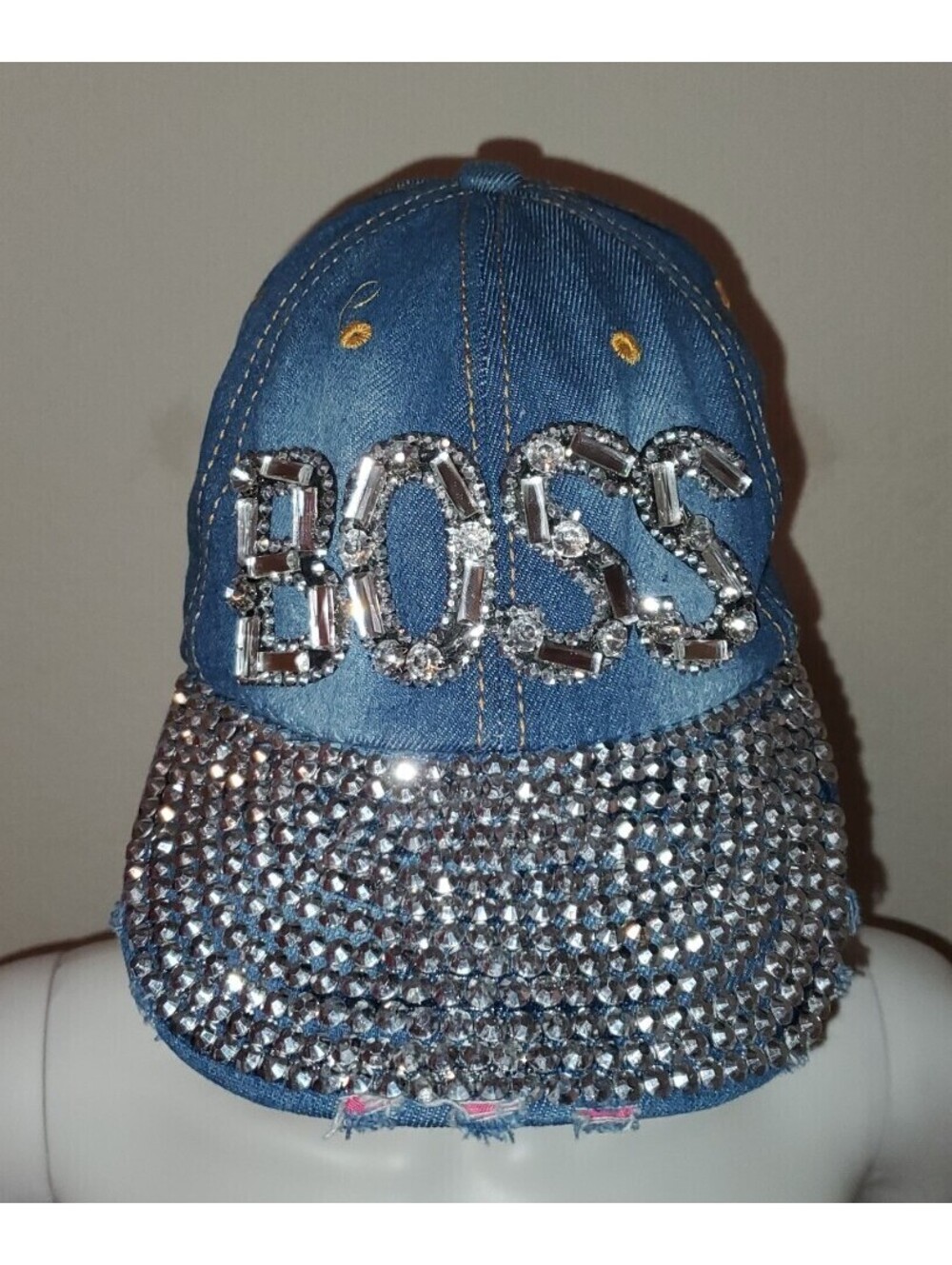 MAGID HATS 'BOSS' RHINESTONE BEDAZZLED EMBELLISHED DISTRESSED ADJUSTABLE HAT CAP